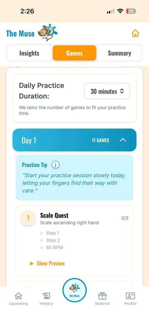 The Muse games screen with a daily practice plan
