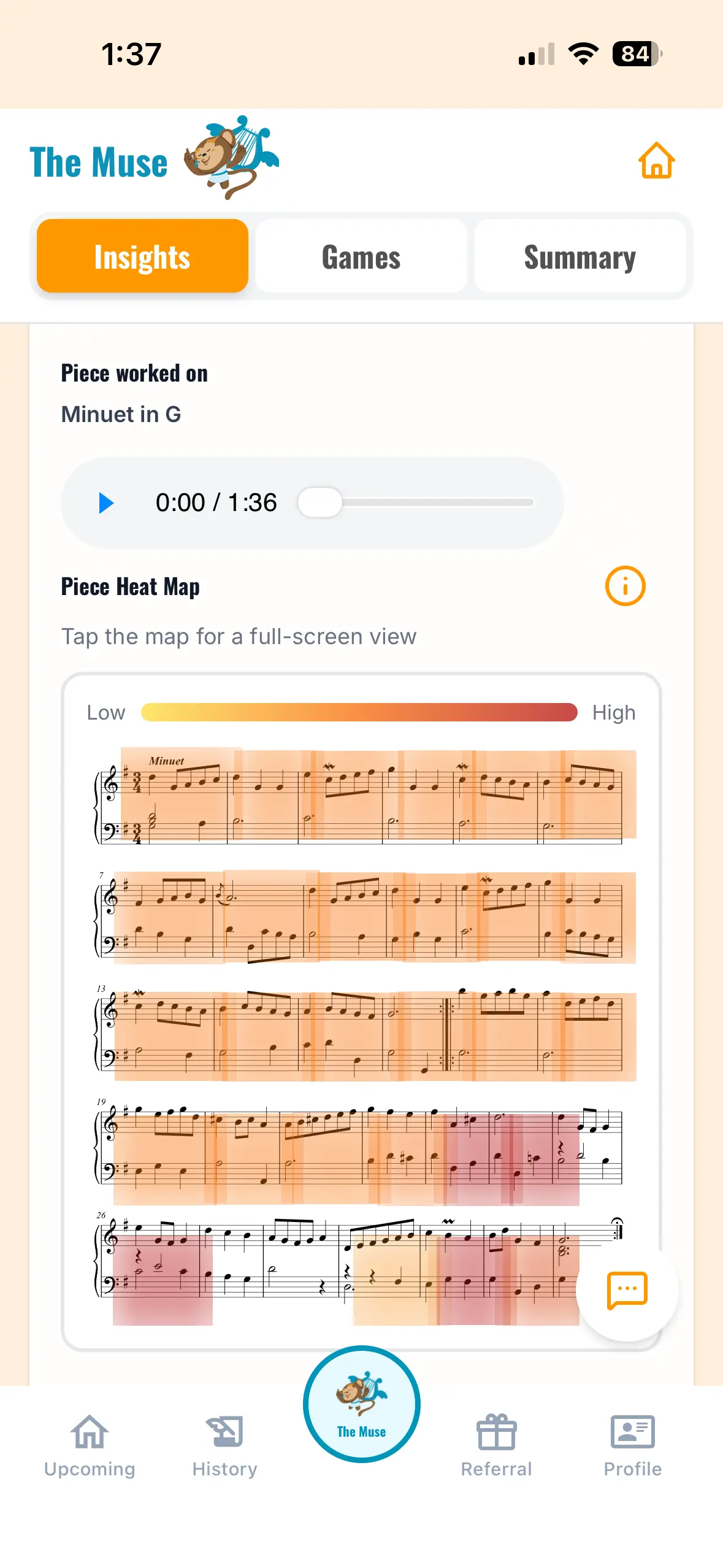The Muse insights screen showing a piece heat map