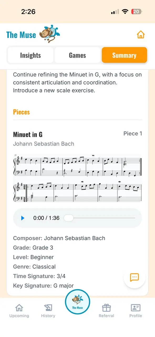 The Muse summary screen with practice recommendations